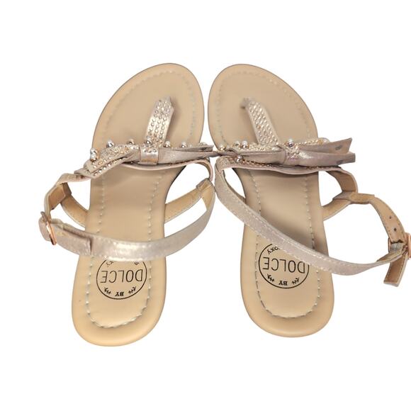 Anthropologie Dolce rhinestone pearl pink bow strappy buckle thong 7 sandals - Picture 3 of 6